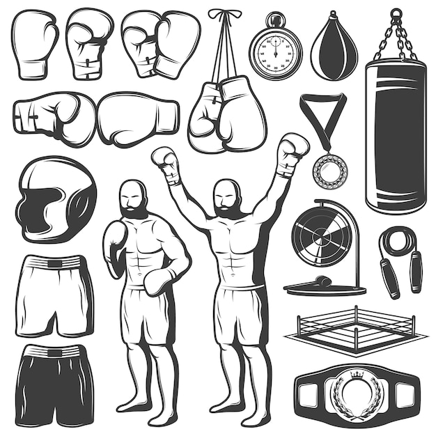 Vector gratuito elementos de boxeo blanco negro con ropa deportiva de combate y trofeos de equipos aislados