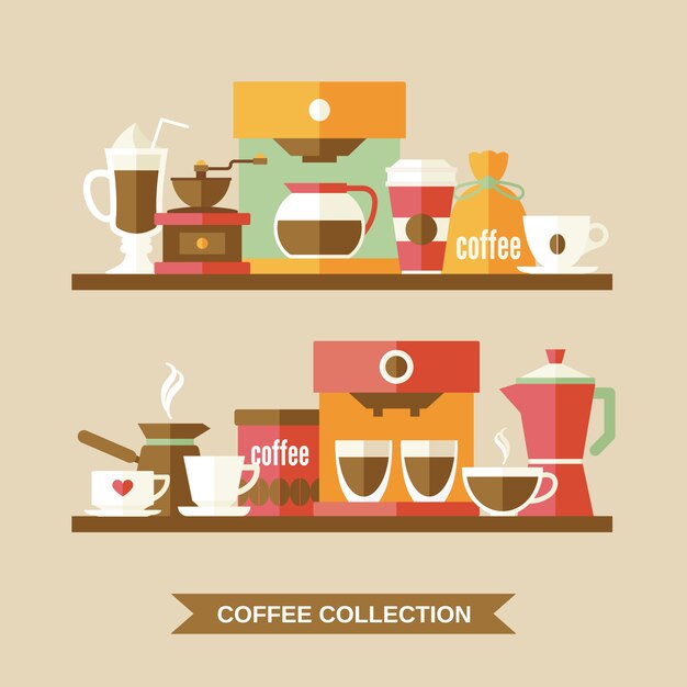 Elementos de café en los estantes