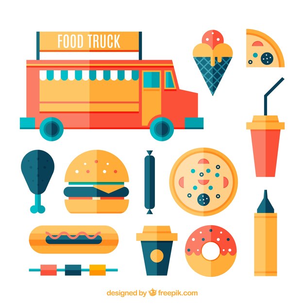 Elementos de los camiones de comida en diseño plano