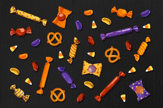 Elementos de caramelo en vector de fondo negro