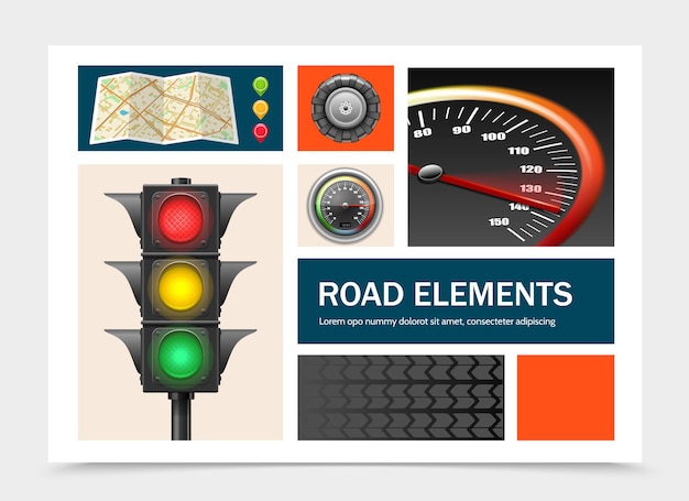 Elementos de la carretera realistas con punteros de mapa de navegación, semáforo, velocímetro, tractor, neumático, ilustración