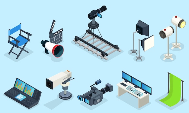 Vector gratuito elementos de cinematografía isométrica con silla de director diferentes cámaras de video