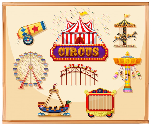 Elementos de circo para carteles que incluyen canon, jaula, juegos y atracciones