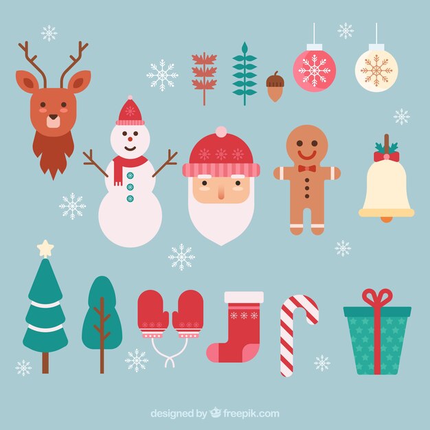 Elementos clásicos de navidad con diseño plano