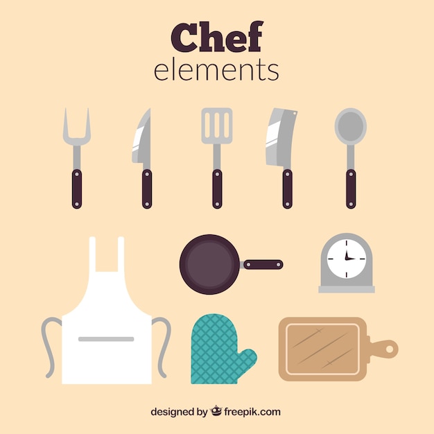 Vector gratuito elementos de cocina y delantal en diseño plano