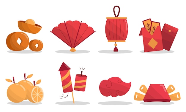 Elementos de colección de diseño gráfico de objeto tradicional de celebración de año nuevo chino para publicidad de etiqueta de banner en ilustración de vector plano de diseño de dibujos animados