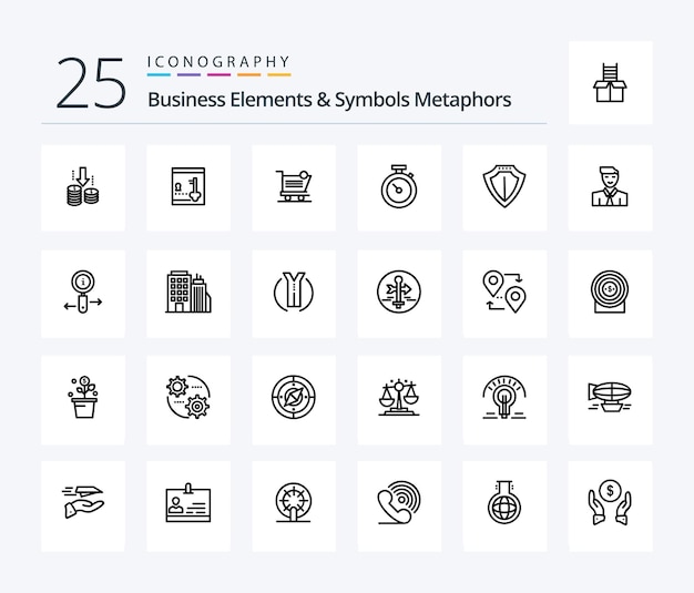 Vector gratuito elementos comerciales y símbolos metáforas paquete de iconos de 25 líneas que incluye tienda de cronómetro de carro de reloj protector