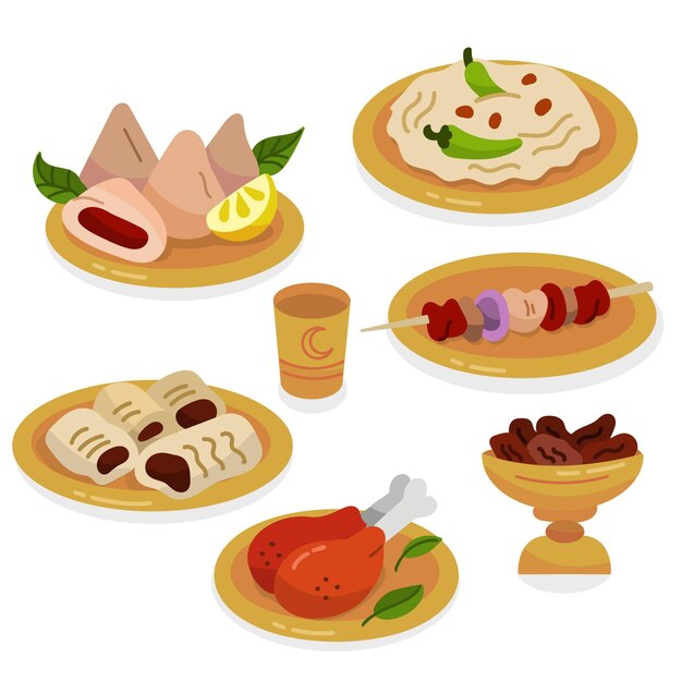 Elementos de comida iftar dibujados a mano