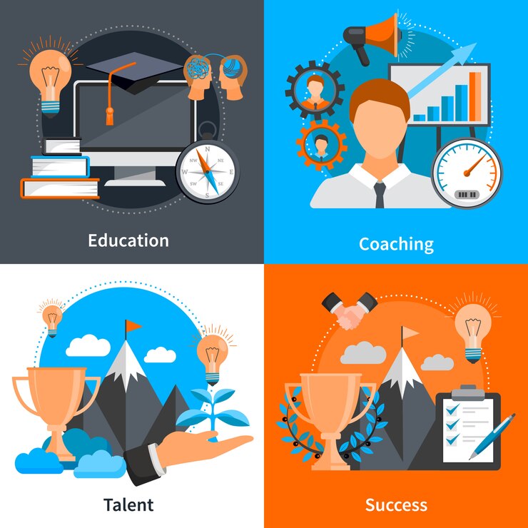 Vector gratuito los elementos del concepto de diseño plano y los personajes para el desarrollo de habilidades de tutoría y coaching establecen una ilustración vectorial aislada
