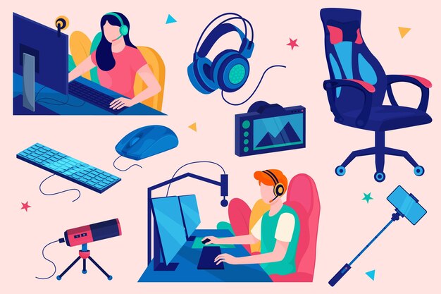 Elementos de concepto de streamer de juego de diseño plano