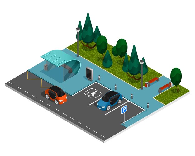 Elementos del constructor de la ciudad concepto isométrico calle de la ciudad con un área de parque con estacionamiento para autos y un área para la ilustración de recreación