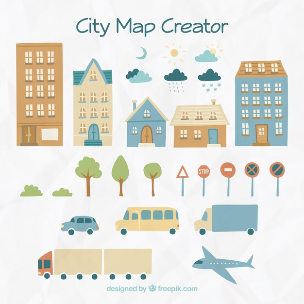 Elementos para crear una ciudad, dibujados a mano
