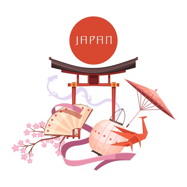 Elementos de la cultura japonesa que incluyen origami de sakura de santuario religioso de círculo rojo sobre fondo blanco dibujos animados retro