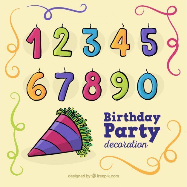 Elementos de cumpleaños dibujados a mano y velas con forma de números