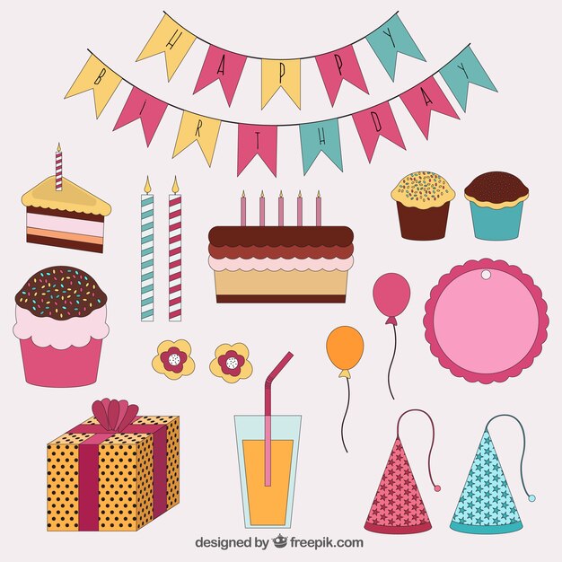 Elementos de cumpleaños dibujados a mano 