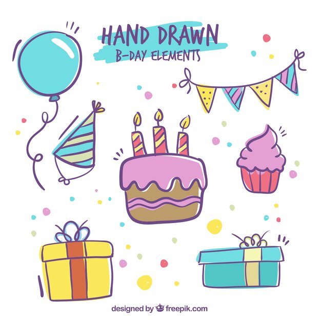 Elementos de cumpleaños dibujados a mano