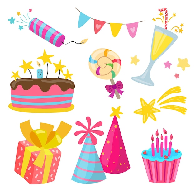 Elementos de cumpleaños dibujados a mano