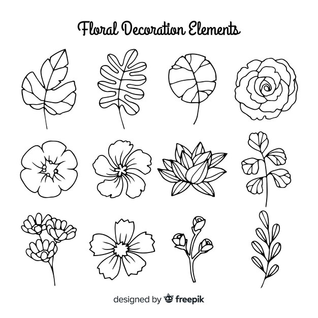 Elementos de decoración florales dibujados a mano sin color