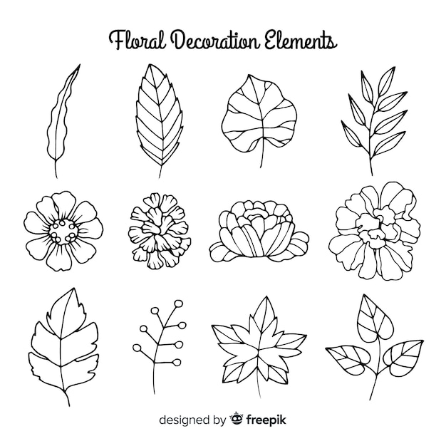 Vector gratuito elementos de decoración florales dibujados a mano sin color