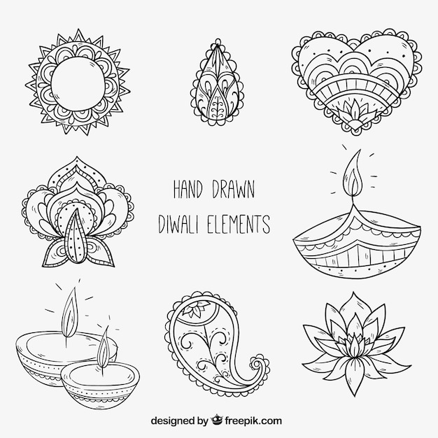 Elementos decorativos de diwali dibujados a mano 