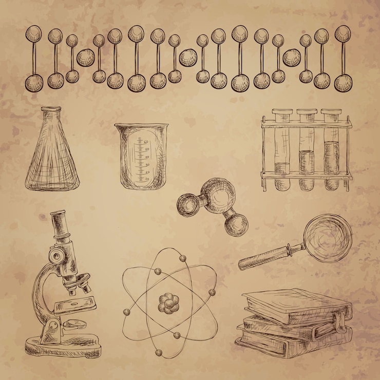 Los elementos decorativos del doodle de la ciencia fijaron con la estructura del ADN equipo aislado ilustración vectorial