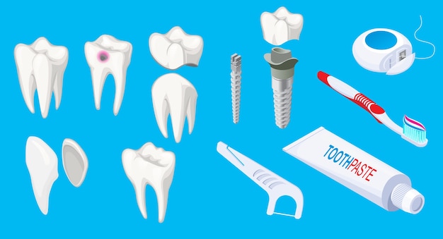 Elementos dentales isométricos con implantes de dientes enfermos y sanos, raspador de pasta de dientes, cepillo de dientes, hilo dental aislado