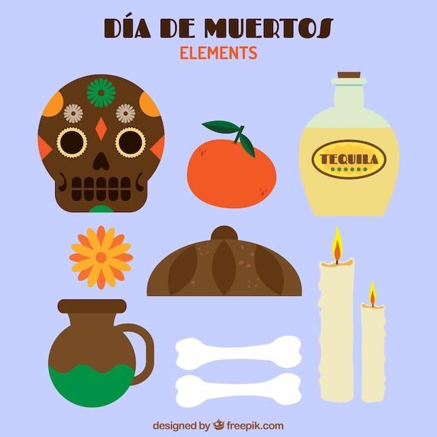 Elementos del día de los muertos en estilo plano