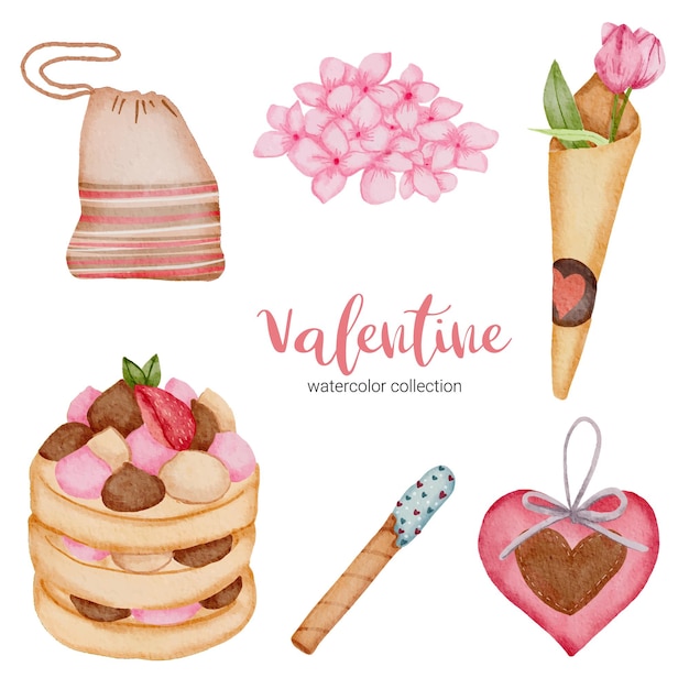 Elementos del día de San Valentín, corazón, fresa; regalo, pastel, etc.