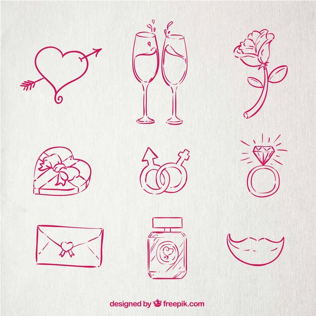 Elementos del día de san valentín en estilo esbozado