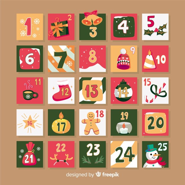 Elementos dibujados a mano calendario adviento