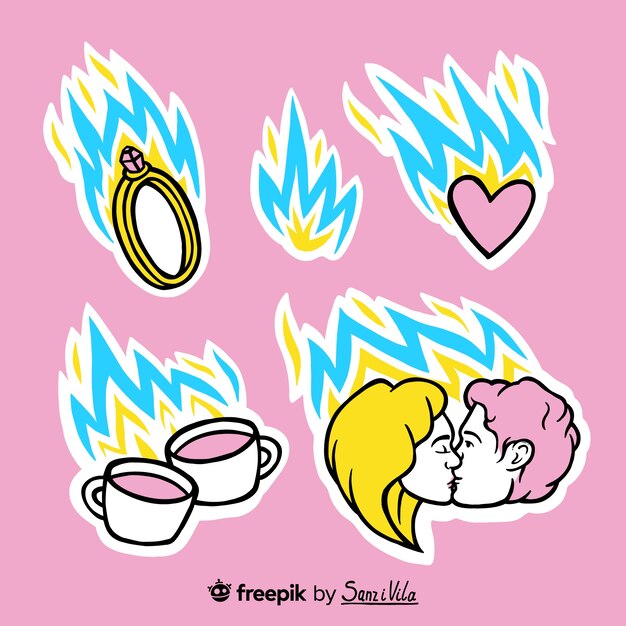 Elementos dibujados a mano con juego de pegatinas de fuego.