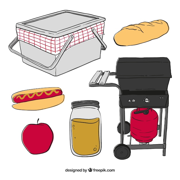 Elementos dibujados a mano para picnic y barbacoa