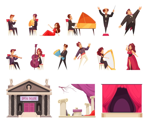 Elementos de dibujos animados planos de teatro de ópera con músicos cantantes cantantes conductor escenario cortina decoraciones edificio