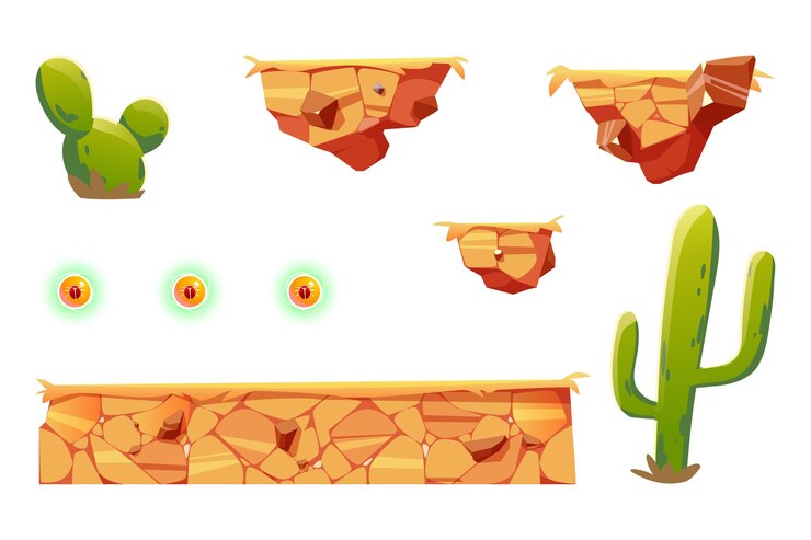 Vector gratuito elementos de dibujos animados para la plataforma de juegos de arcade, elementos de paisaje desértico de diseño de interfaz de usuario 2d para computadora o móvil.