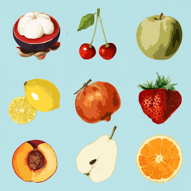 Elementos de diseño de colección de pegatinas de frutas tropicales vectorizadas