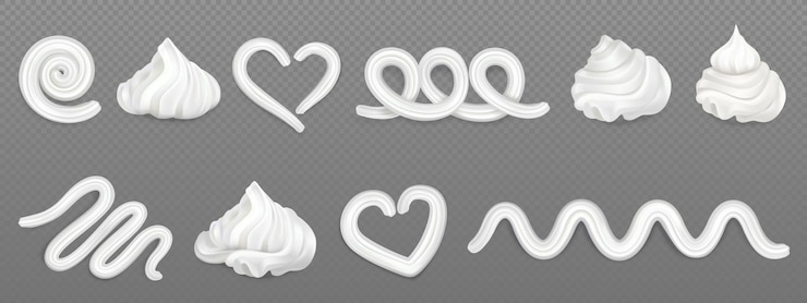 Vector gratuito elementos de diseño de crema batida para pastelería aislados en fondo transparente vector ilustración realista de remolinos cremosos blancos rizos lácteos giros líneas de espuma cobertura dulce para postre de pastel