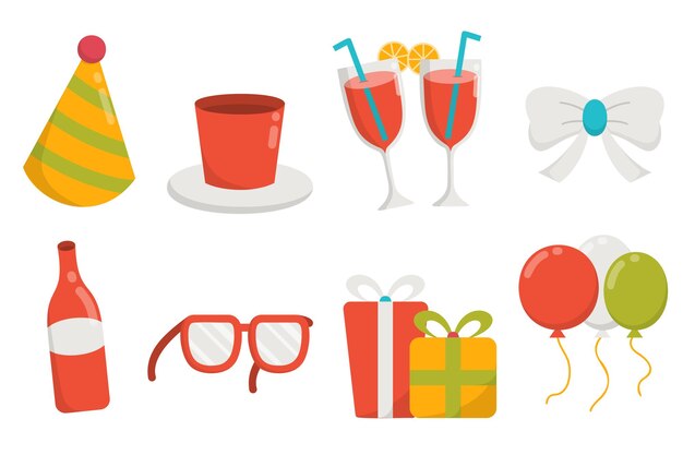 Elementos de diseño de fiesta de cumpleaños Regalo anteojos arco bebida fiesta sombrero globo Vector ilustración