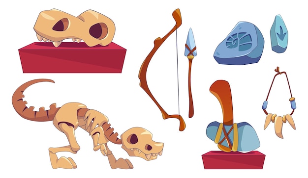 Vector gratuito elementos de diseño de un museo de arqueología aislados sobre un fondo blanco ilustración vectorial de dibujos animados contemporáneos de cráneo y esqueleto de dinosaurio herramientas de la edad de piedra y huellas fósiles de amuletos de armas