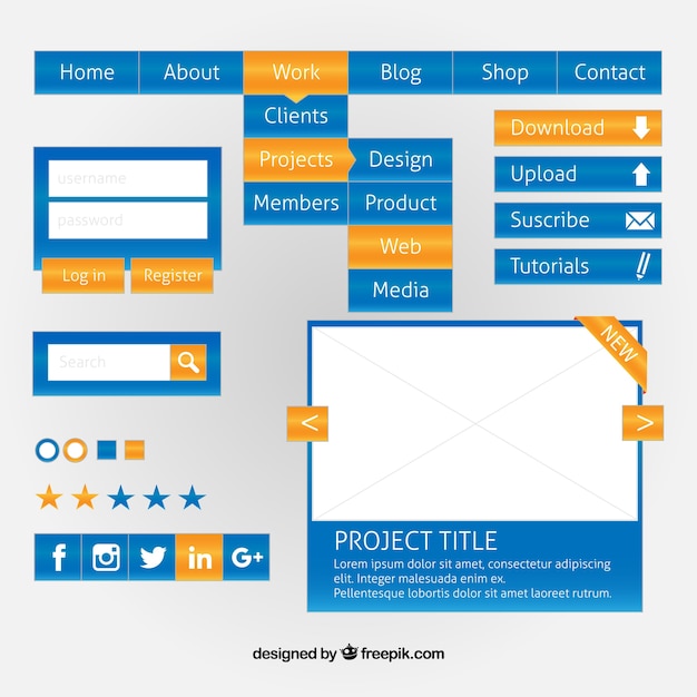 Elementos de diseño web de color azul con detalles amarillos