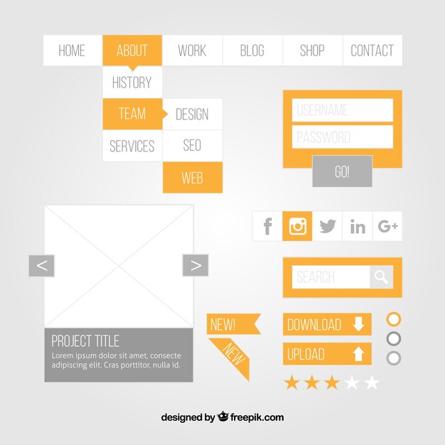 elementos de diseño web planos con detalles amarillos