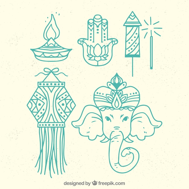 Elementos de diwali con diseño lineal