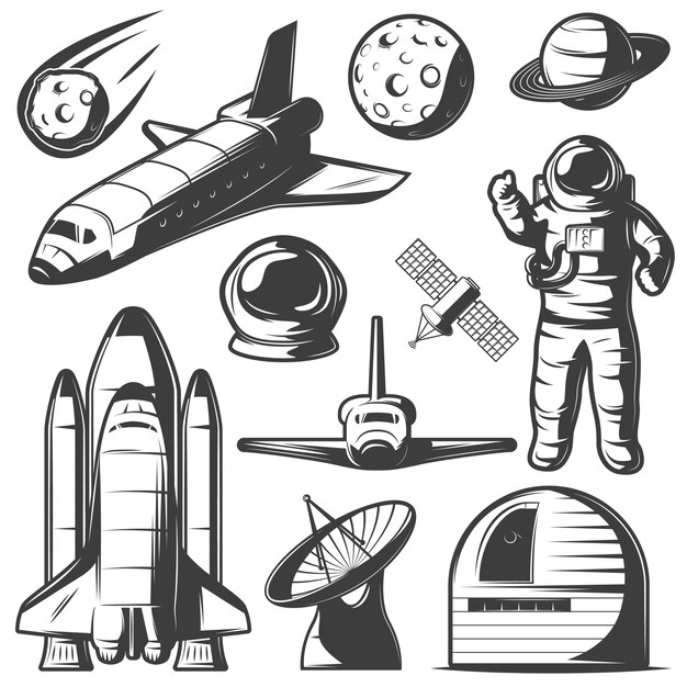 Elementos espaciales monocromáticos con transbordadores de astronautas y cohetes observatorio de objetos cósmicos y radar aislado
