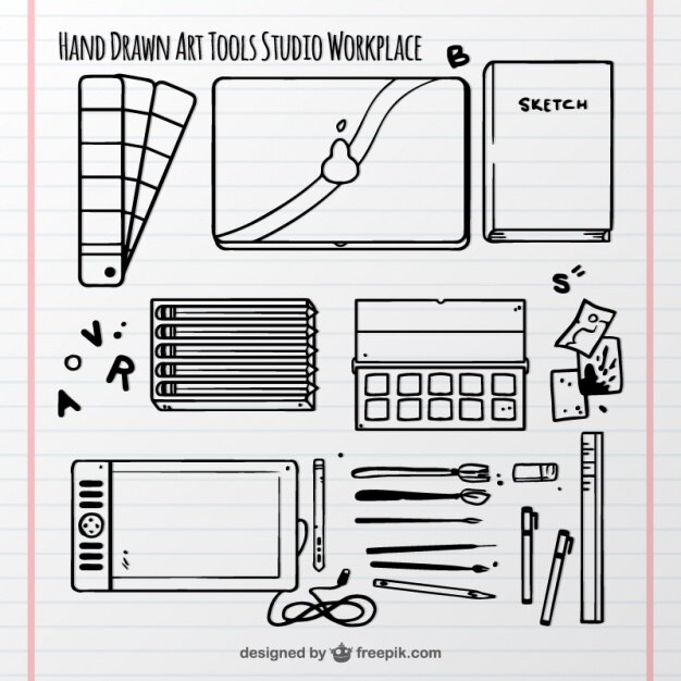 Vector gratuito elementos de estudio de arte dibujados a mano en una libreta