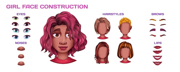 Vector gratuito elementos faciales de construcción de cara de mujer negra de dibujos animados