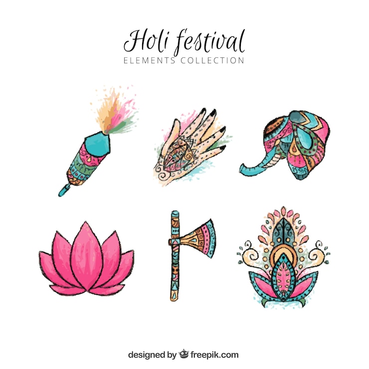 Vector gratuito elementos del festival de holi en acuarela