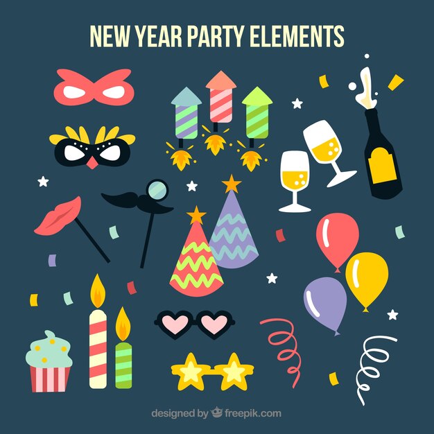 Elementos de fiesta de año nuevo en diseño plano