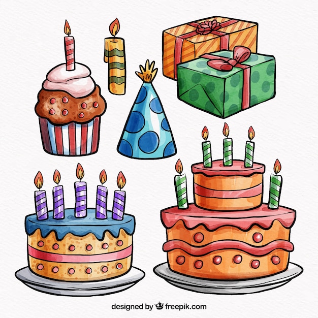 Elementos de la fiesta de cumpleaños en acuarela