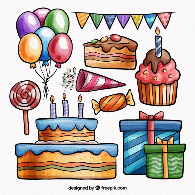 Elementos de la fiesta de cumpleaños en acuarela