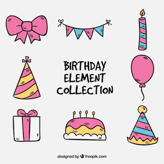 Elementos de fiesta de cumpleaños lindos dibujados a mano