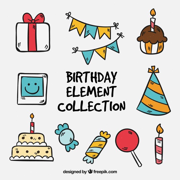Elementos de fiesta de cumpleaños lindos dibujados a mano